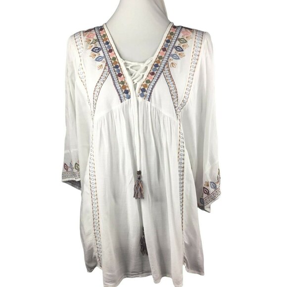 Women Whites Embroidered Multi Tassel Tie V-neckline Lace Up Peasant Top M - Picture 1 of 10